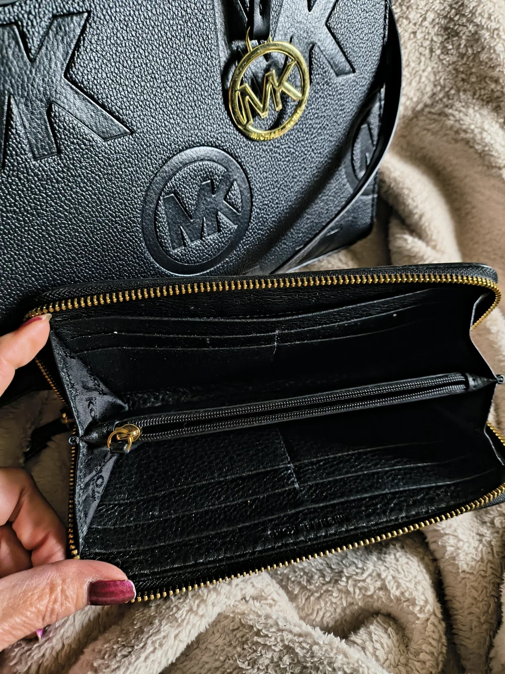 Michael Kors Black Embossed Logo Leather Tote with Zip Wallet